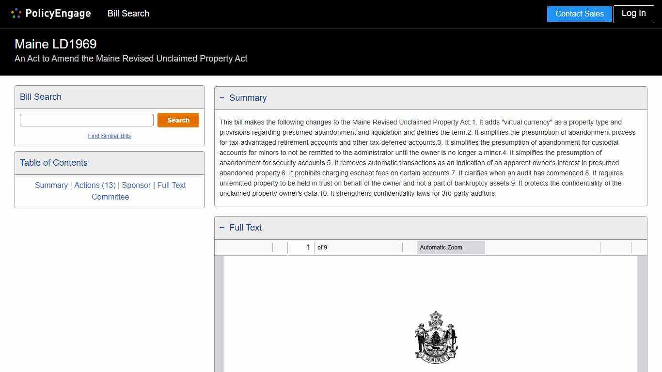 LD1969 Maine 2025-2026 An Act to Amend the Maine Revised Unclaimed Property Act - Legislative Tracking PolicyEngage